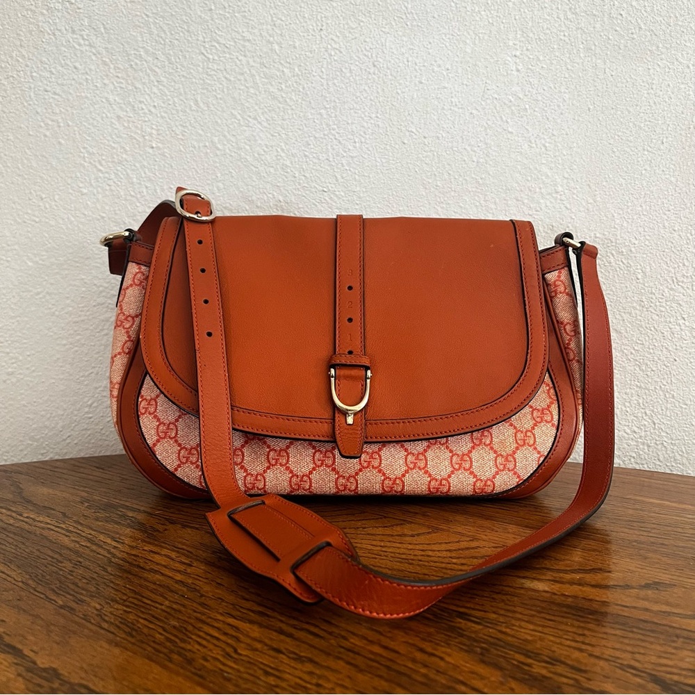 Gucci GG Supreme Orange Brown Leather W/Costed Canvas Stirrup Flap Crossbody Bag